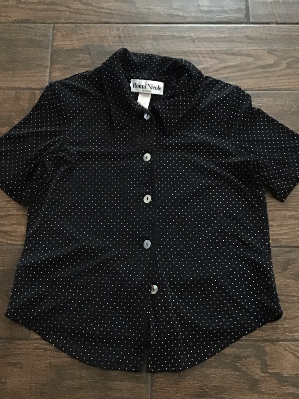 VTG, 80s 90s Ronni Nicole Black Short Sleeve Button-Down with White Micro Dot